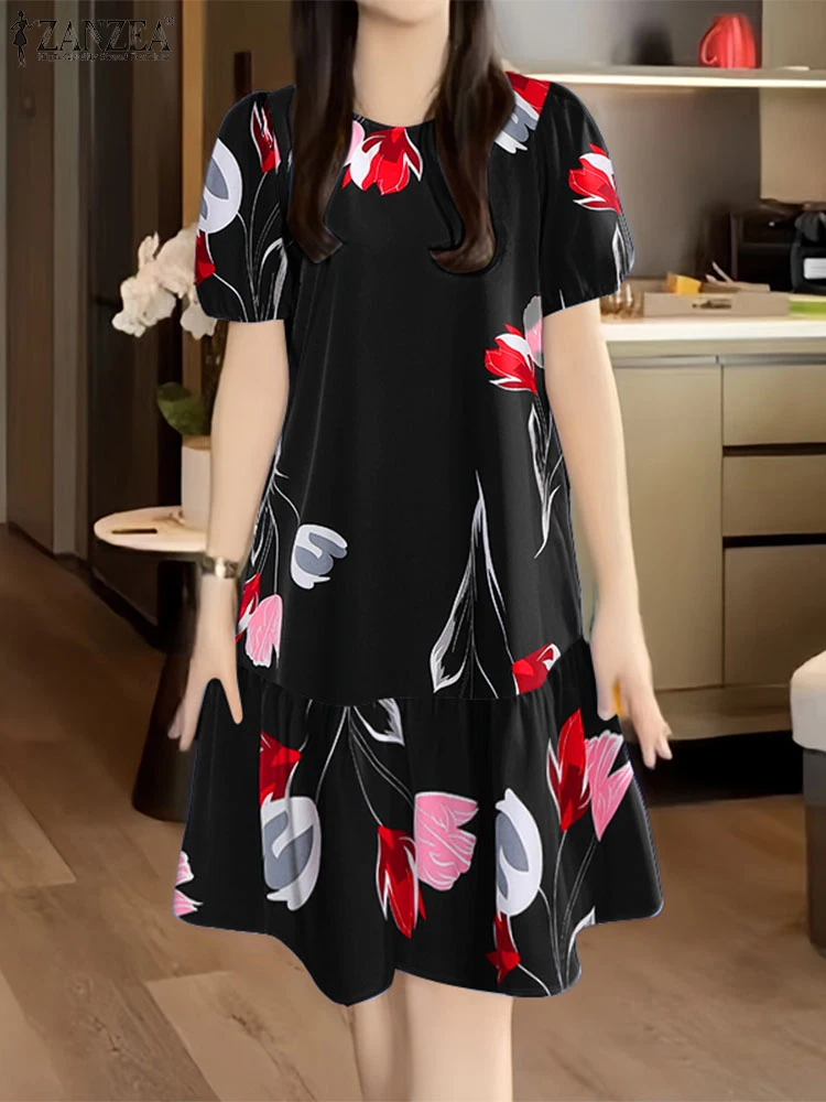 فساتين نسائية أنيقة مُزينة بطباعة 2025 ZANZEA فستان مناسبات صيفي غير رسمي برقبة دائرية للعمل بطول الركبة فستان صيفي أنيق للحفلات