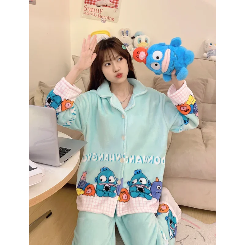 Sanrio set pakaian tidur ikan jelek piyama wanita katun murni hangat bulu karang musim dingin piyama wanita jelek kartun Sanrio