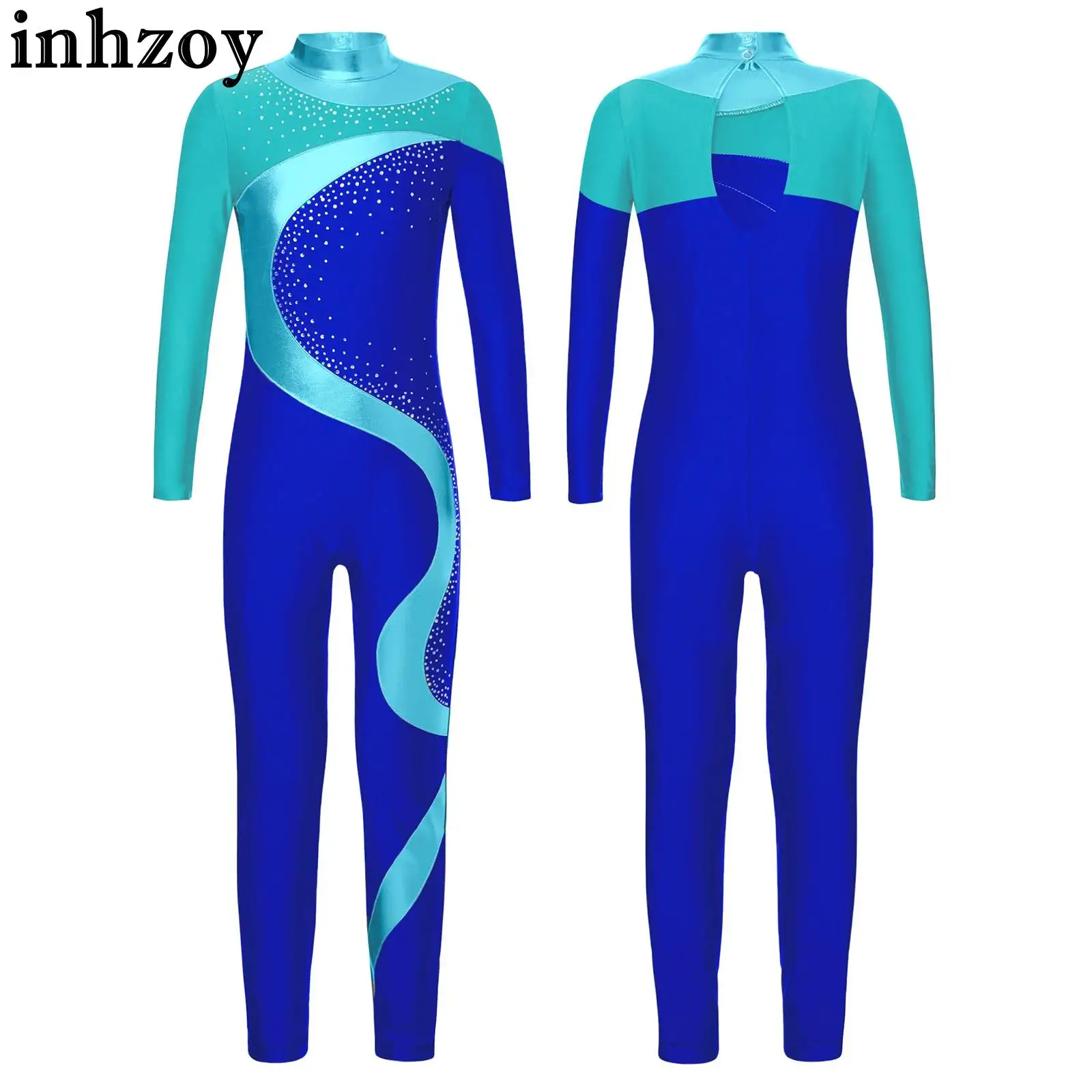 

Kids Girls Figure Skating Jumpsuit Ballet Dance Rhythmic Gymnastics Leotard Metallic Contrast Long Sleeve Performance Bodysuit