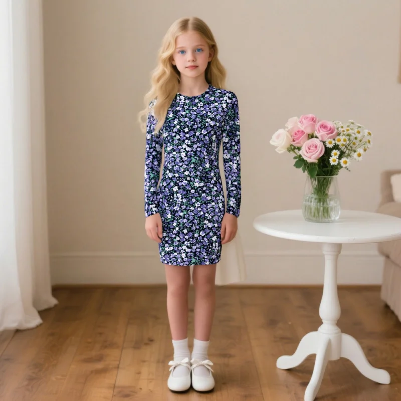 Girls Long Sleeve Floral Print Bodycon Dress Vintage Casual Elegant Daily Party Outfit for Kids