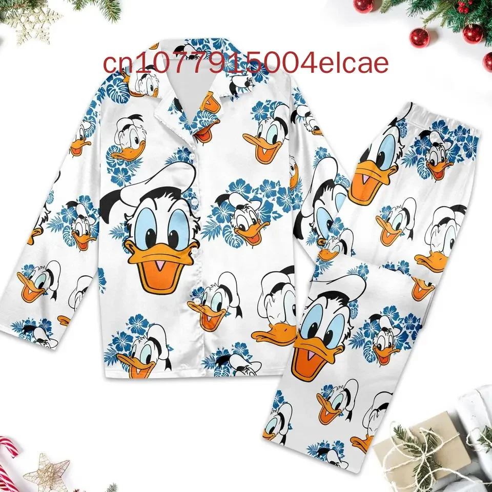 

Рождественский пижамный комплект Disney Donald Duck, повседневная мужская и женская рубашка с длинными рукавами и 3D принтом, пижамный комплект