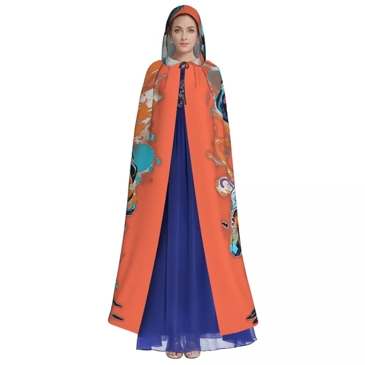 Incredible Multicolor Giant Halloween Pumpkin Print Long Hooded Cloak Witch Costume Cosplay Cape HalloweenVampire Adult Unisex