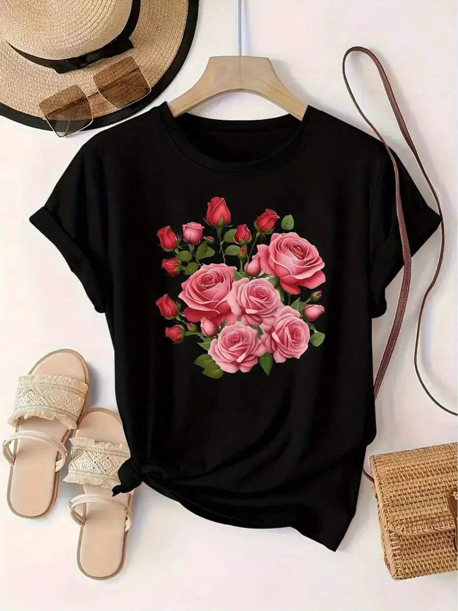 Women's Round Neck Short Sleeve Graphic T-Shirt, European American Style Pink Rose Print, Comfort Casual Tee For Summer Daily Fitness & Going Out Wear
