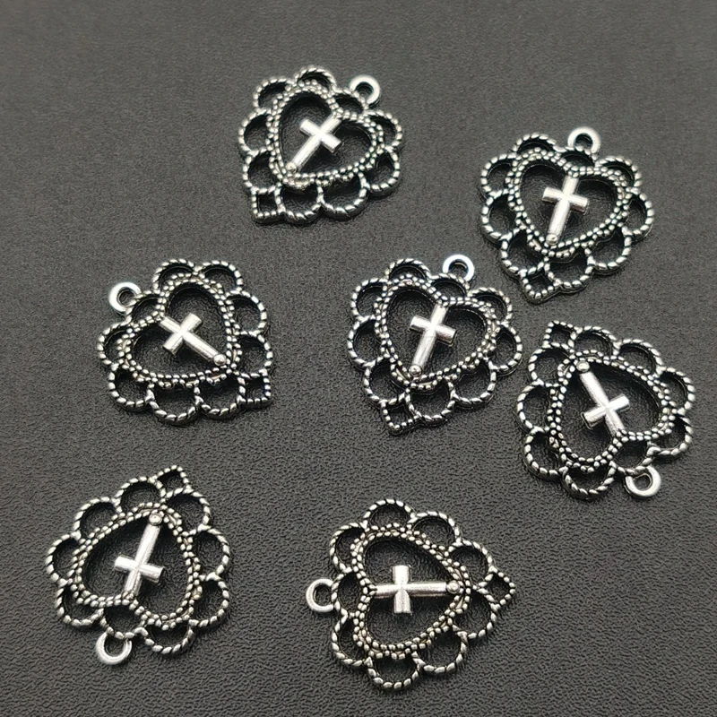 10pcs 20x22mm Silver Color Heart Shaped Cross Charms Pendant For Women Earrings Accessories Jewelry Supplies