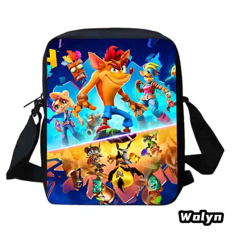 Cartoon School Bags for Boy Girl,Anime Crash Bandicoot Shoulder Bags Anime Prints School Crossbody Bags,Child Messenger Satchel