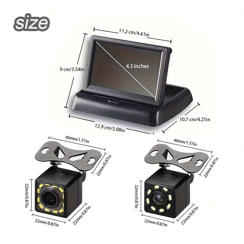 10.92cm 12LED Night Vision Car Backup Camera with Foldable LCD Display, 480P HD Video Resolution, Car Plug Powered Fit