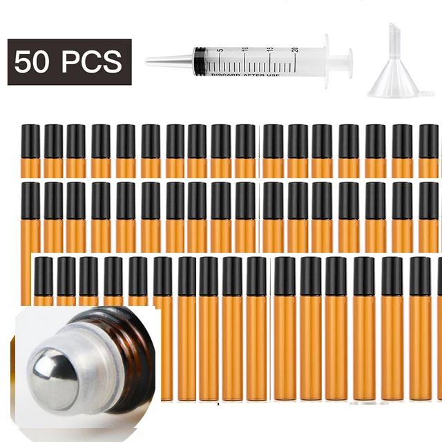 10-50Pcs 3/5/10Ml ตัวอย่าง Test Essential น้ำมันขวดลูกกลิ้งบอลโลหะ Amber บางขวดแก้วขวดช่องทางและเข็มฉีดยา