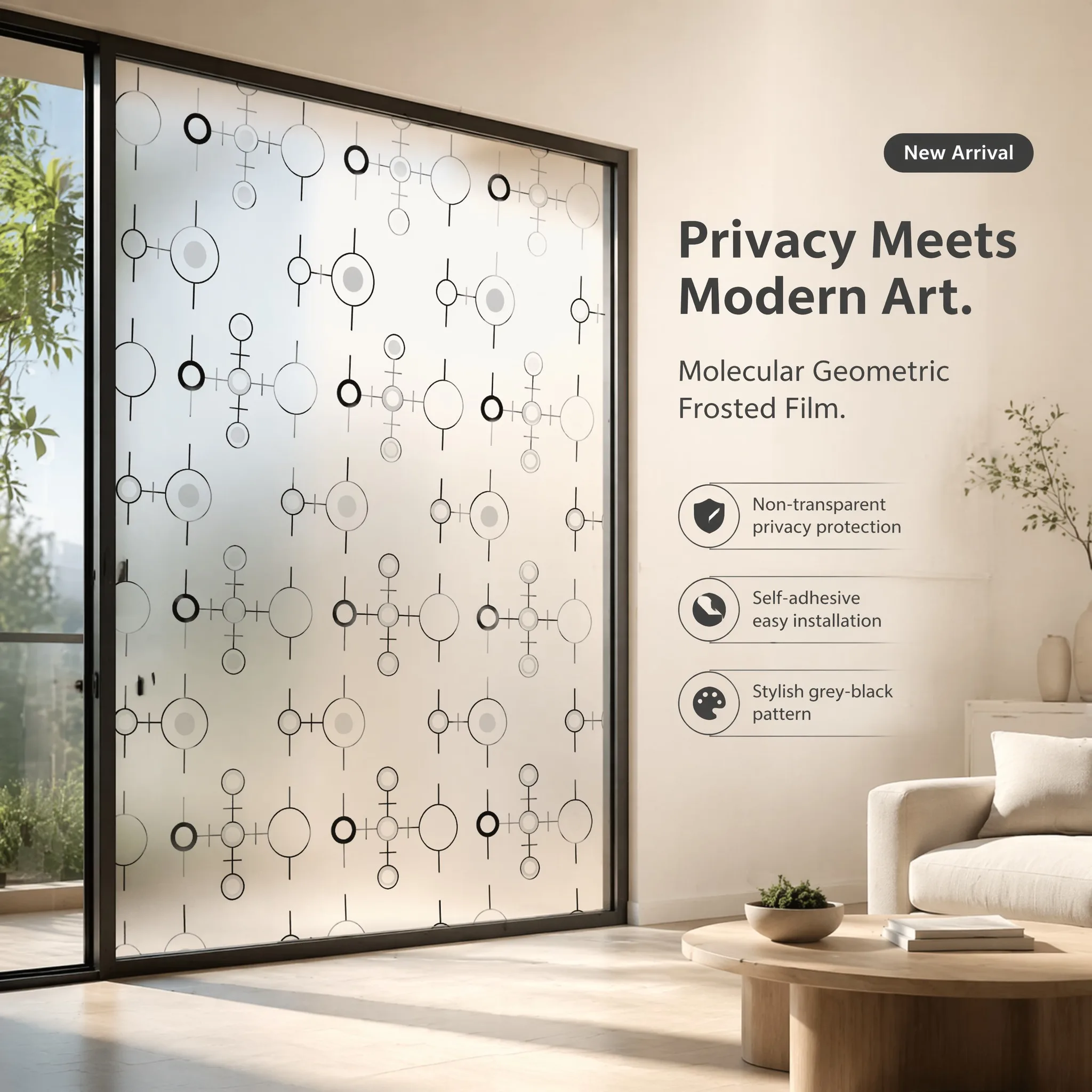 Modern Self-Adhesive Molecular Circle Frosted Window Film 95% Privacy Protection Waterproof Removable No Residue Geometric Patte
