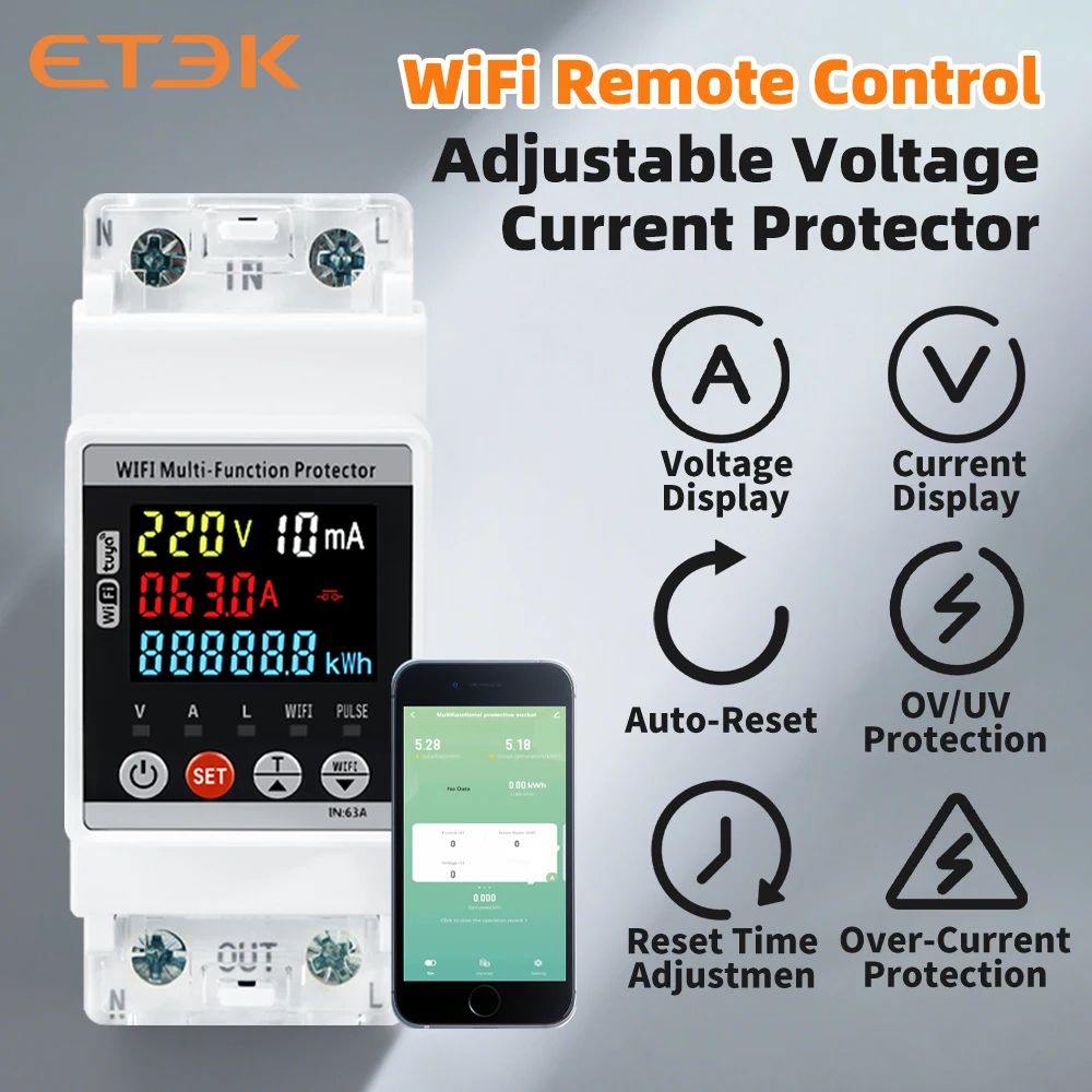 ETEK Smart Kwh Metering Circuit Breaker Adjustable 2P 63A 110V 220V with Voltage Current and Leakage Protection Meter EKVAPS