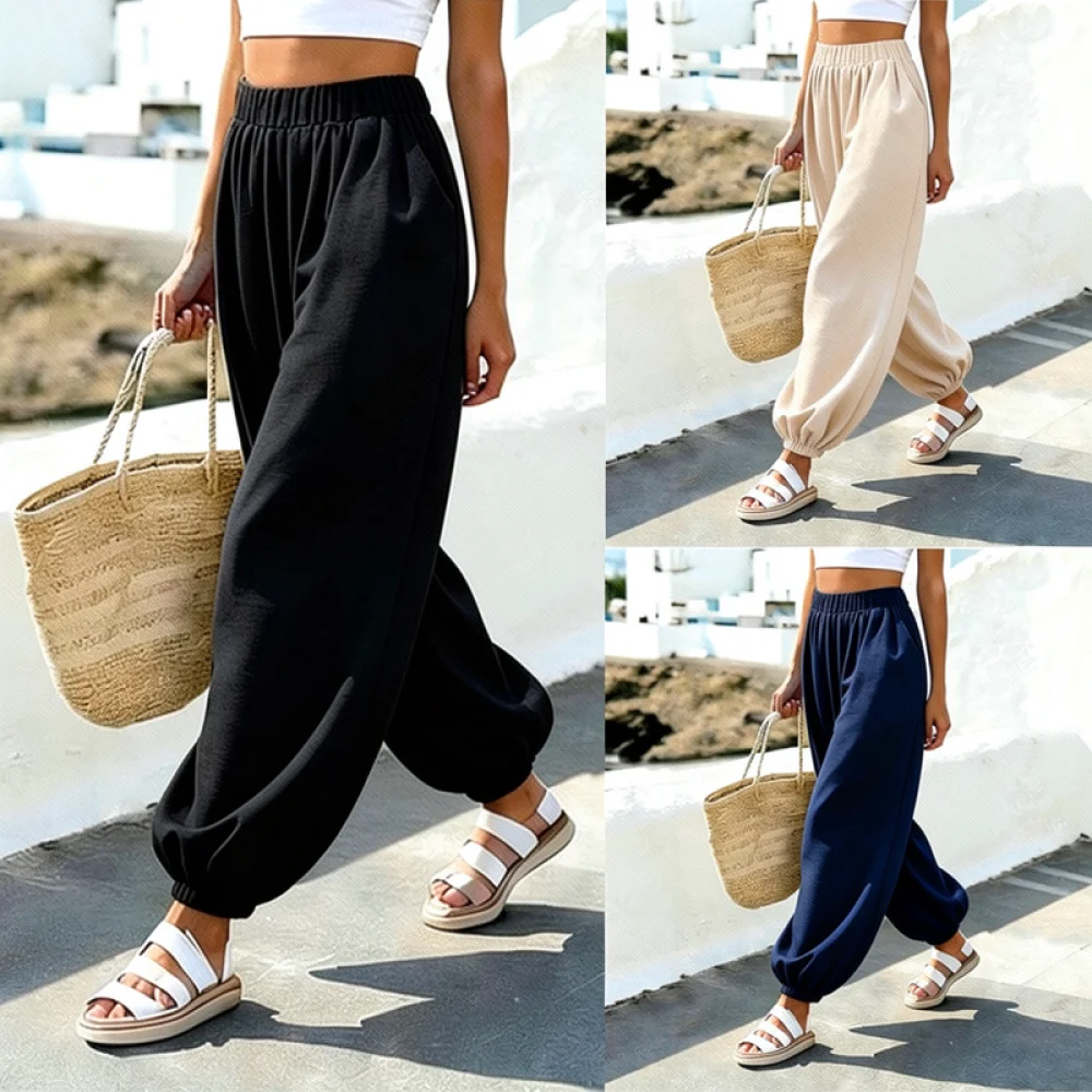 Womens Comfortable High Waist Lantern Trousers Casual Loose Summer Beachwear Soft Breathable Wide Leg Holiday Pocket Apparel