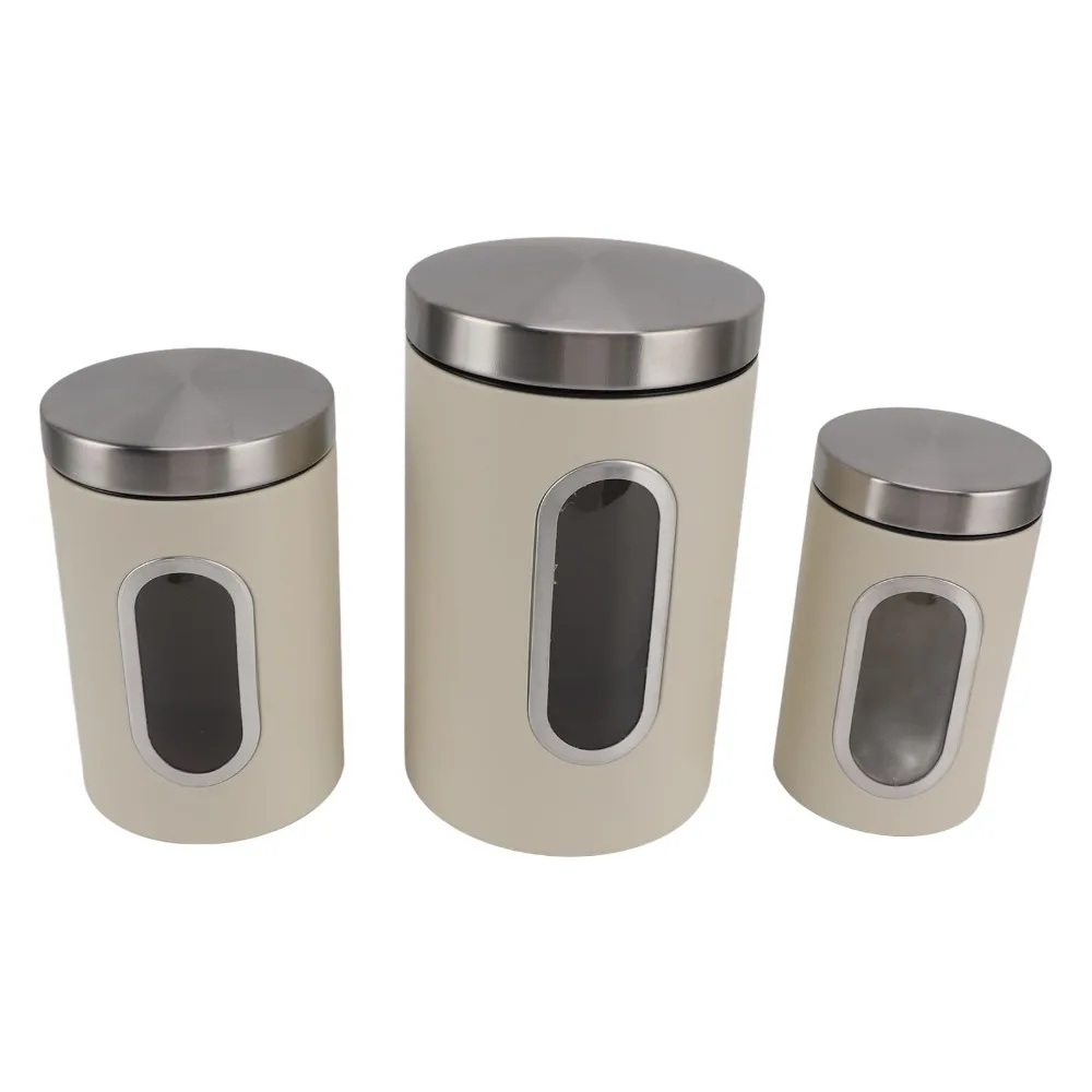 3PCS Practical Iron Kitchen Canisters Set s/m/l Beige/Black Coffee Canister Set Tea Organizer Canister Kitchen Countertop
