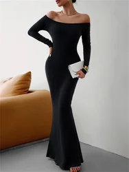 Fantoye Solid Slash Neck Long Sleeve Pullover Women Dress Sexy High Waist Long Female Dress Casual Bodycon New 2023