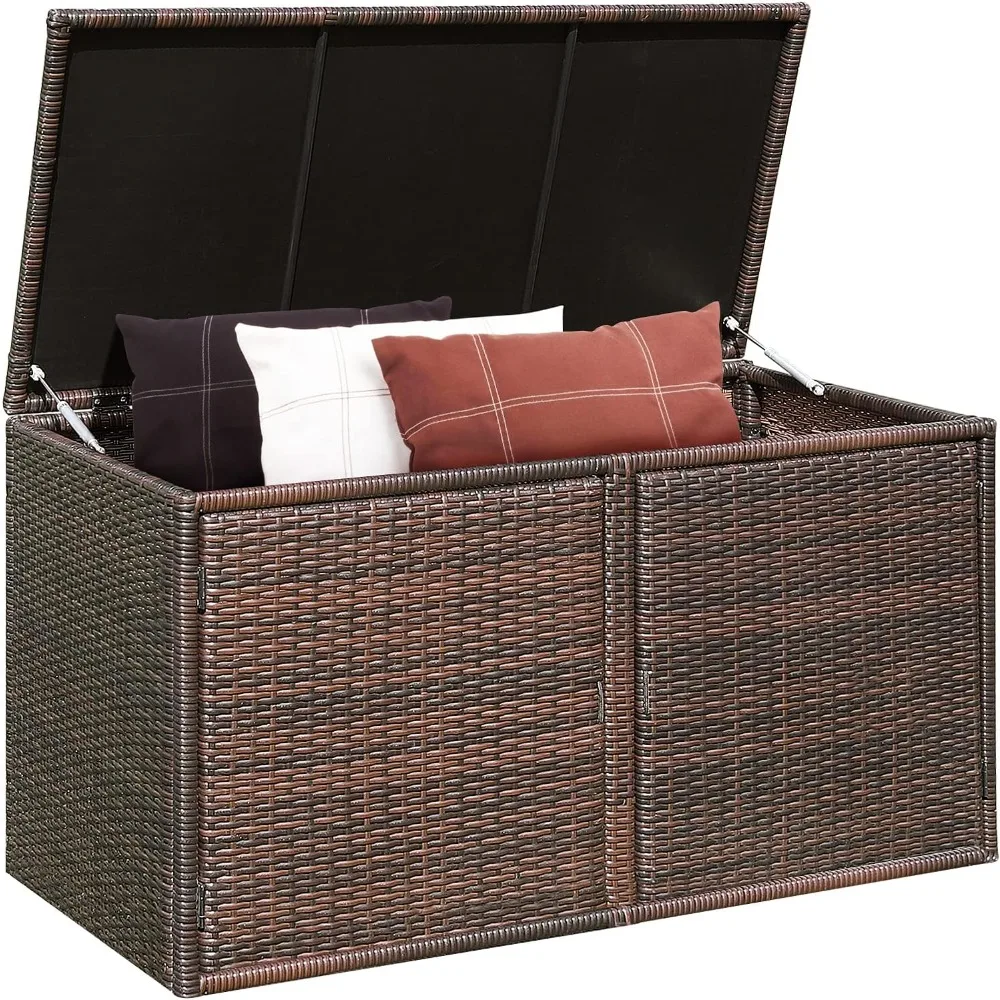 

PE Wicker Storage Box - Outdoor 88 Gallon 2-Tier Deck Box for Patio Furniture Toys Storage w/Lid & Front Doors, All Weather