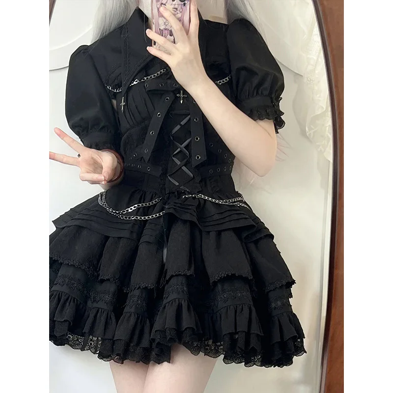 Short Sleeves Lolita Black Dress Goth Aesthetic Puff Sleeve High Waist Vintage Bandage Trim Party Gothic Clothes Dress Woman