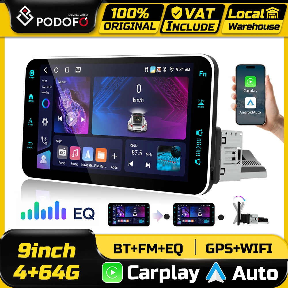 Podofo 1-Din 9-Zoll Android Autoradio Multimedia-Player Kabelloses CarPlay 4+64G Android Auto Intelligentes Autosystem Mirror Link GPS-Navigation WIFI BT FM RDS Stereo