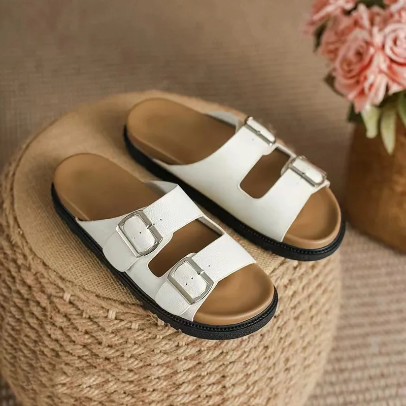 

Double Belt Buckle Strap Slippers Women Solid Color Leather Sandalias De Mujer Verano Flat Sole Tacones Round Peep Toe Huaraches