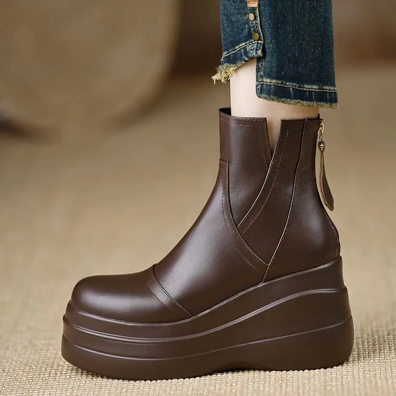 

2025 Autumn/Winter New Height Boosting Boots Waterproof Terrace Heel Women's Short Boots Soft Leather 8cm