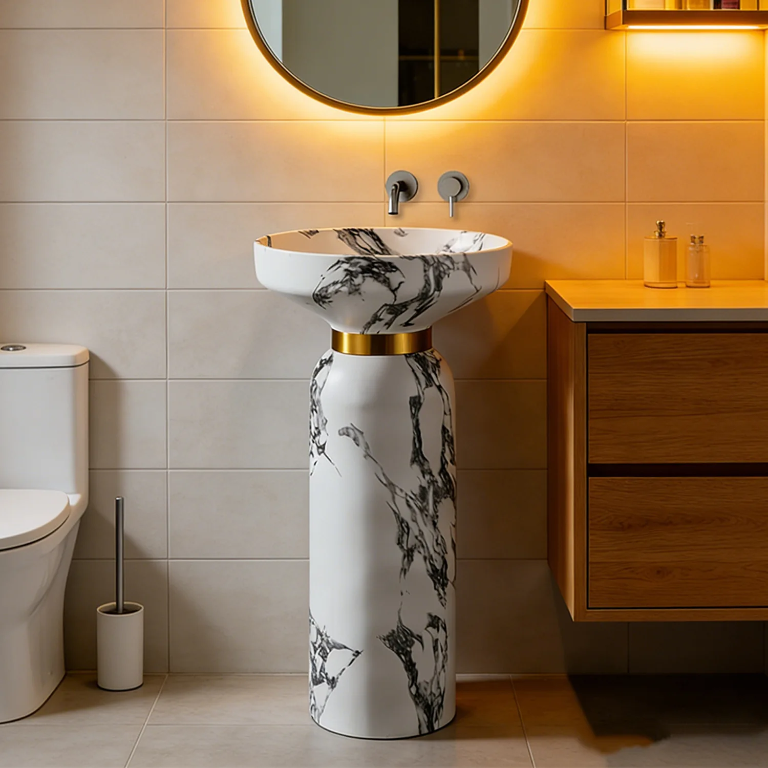 Luxury Premium Black Freestanding Pedestal Sink Integrated With Artificial Stone Basin Suitable For Balcony & Bathroom RS2417
