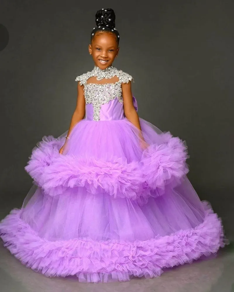 

Luxury Lavender Flower Girl Dresses Tiered Ruffles Children Birthday Party Gowns High Neck Glitter Kids Wedding Guests Dresses