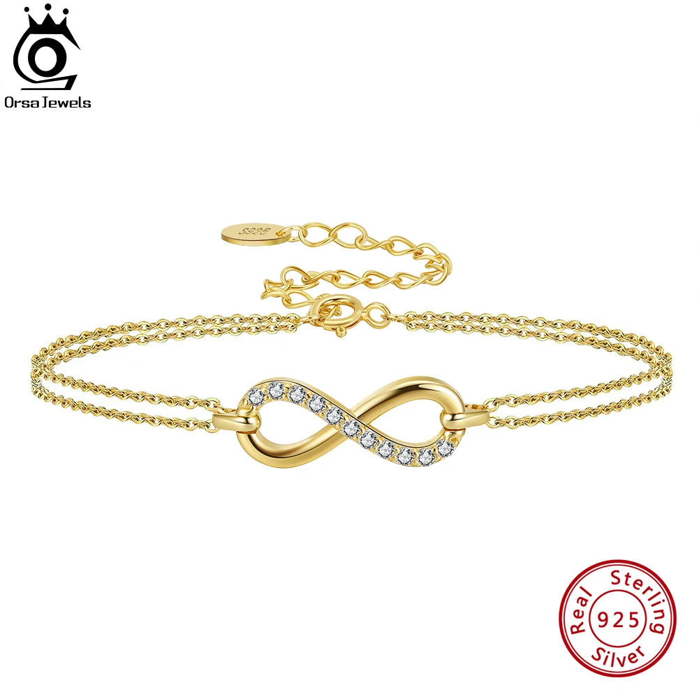 ORSA JEWELS 925 Sterling Silver CZ Infinity Adjustable Bracelet For Women Elegant Chain Bracelets Bangles Fine Jewelry SB136