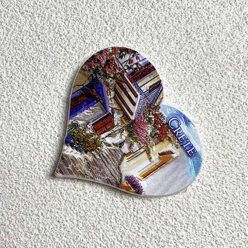 مغناطيس ثلاجة كريت ثلاثي الأبعاد على شكل قلب - تذكار يوناني رائع، مادة الراتنج، ديكور مثالي للمنزل والمكتب