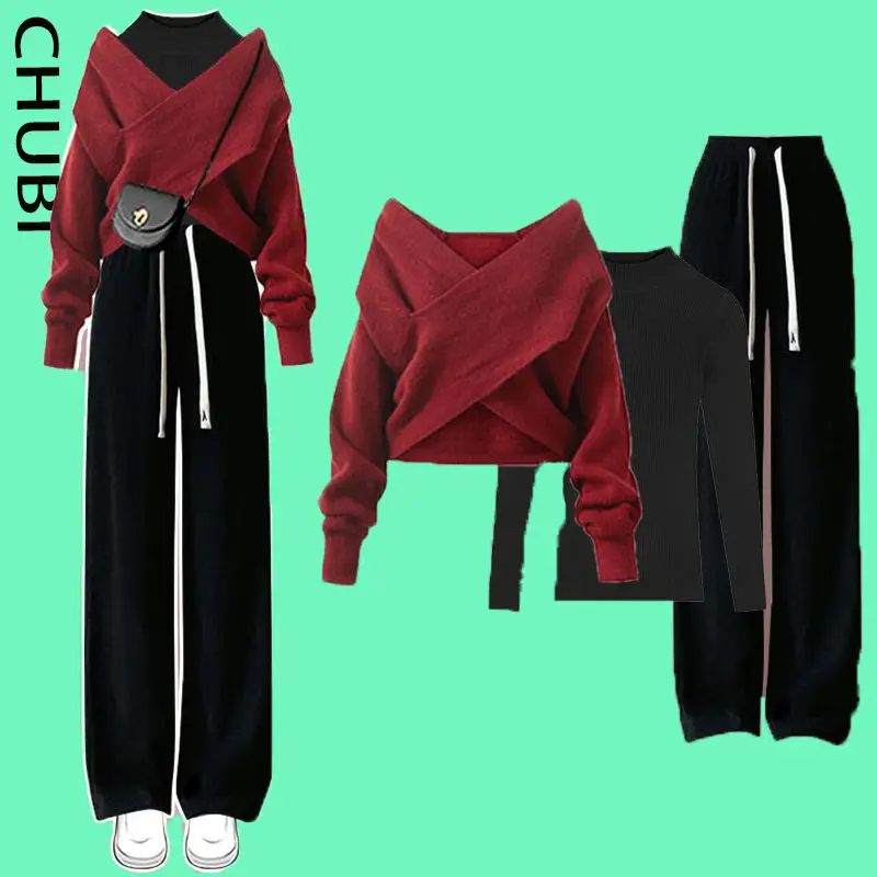 Autumn and Winter Fashion Women's Set New Korean Cross Design Sweater Casual Pants Elegant Women's Three Piece Set