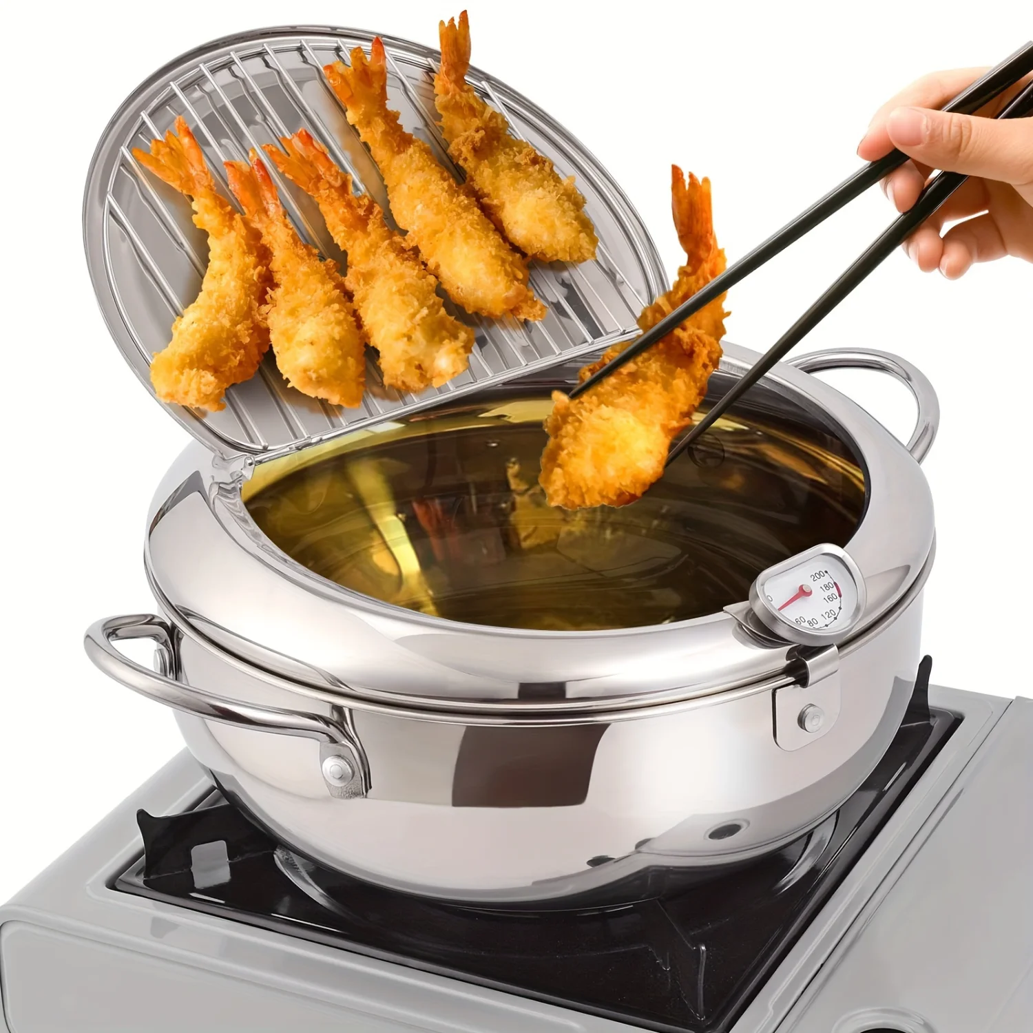 Large Stainless Steel Deep Fryer Pot with Thermometer - Ideal for French Fries, Chicken - Gas & Induction Stove Compatible - Dur