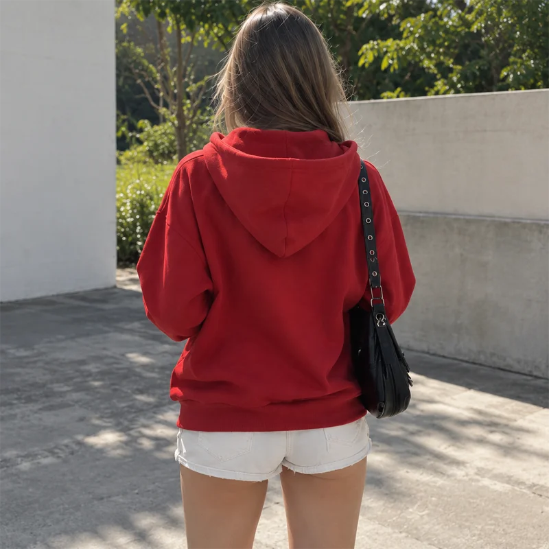 Damen-Kapuzenpullover mit Reißverschluss, Buchstabenmuster, lange Ärmel, Oversize-Sweatshirt, lässige Y2K-Streetwear-Jacke, schwarzes und rotes Kapuzentop für Damen. – Detail 6