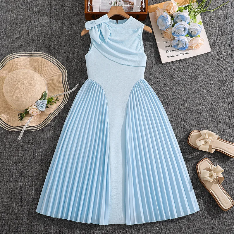 Summer Fashion Girls Dress Sleeveless Bow Shoulder Vertical Folds Design Princess Dress For 5-14 Years Old Kids