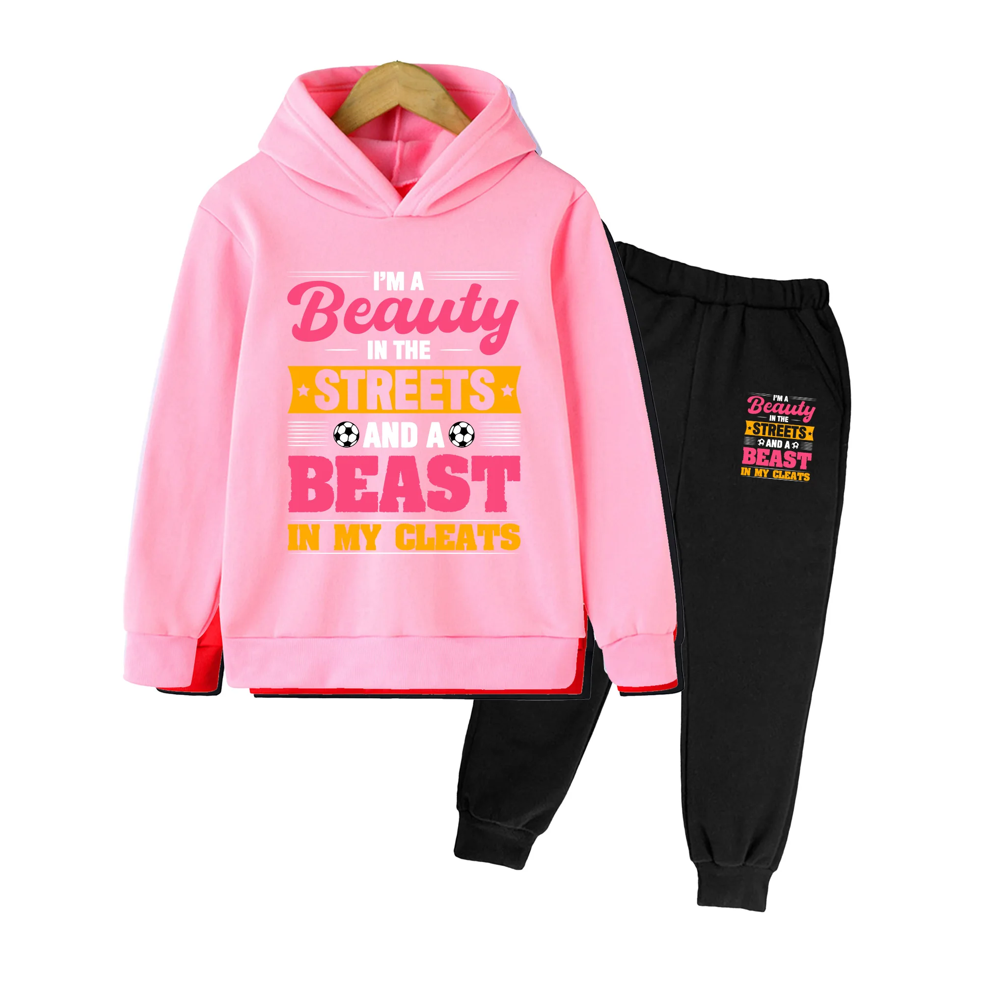 Kids Boys Girls Hoodie & Sweatpants Set, Beauty Streets Beast Soccer Print Casual Sportswear Outfit