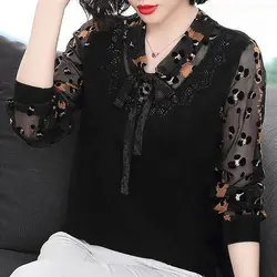 Elegant Fashion Diamonds Spliced V-Neck Lace Up Tops Women's Clothing Loose Printed Gauze Long Sleeve T-shirt Spring Summer