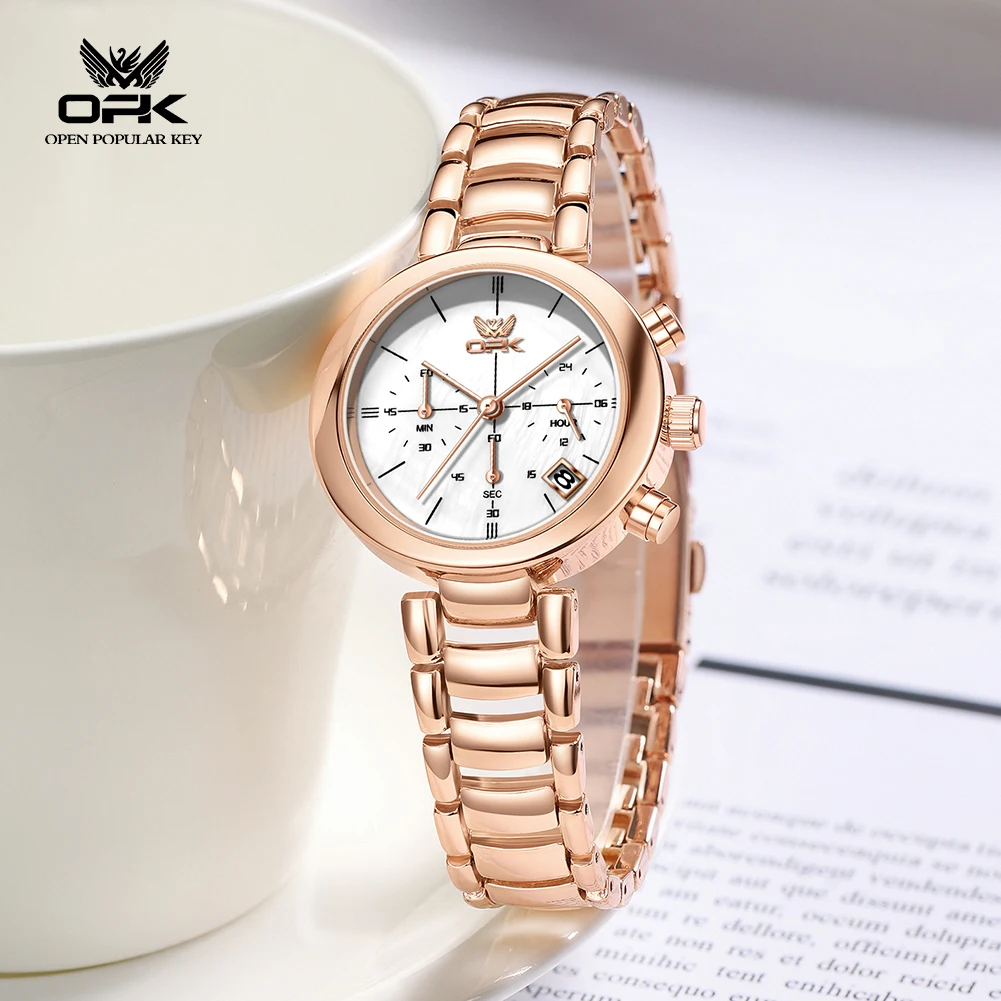 OPK brand new multifunctional fashionable quartz form calendar steel strip night light waterproof women's watch 8191
