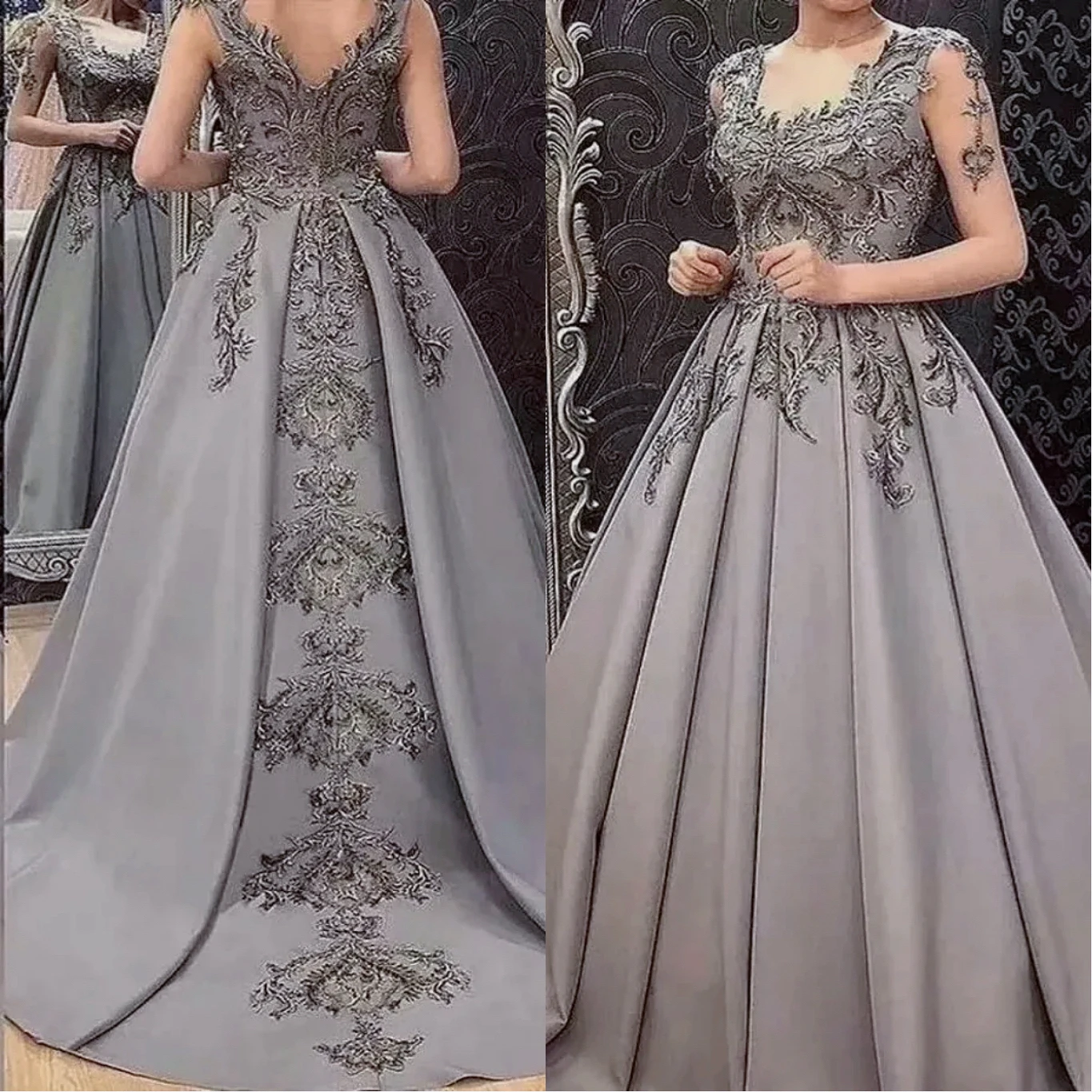 

Elegance Grey A-line Mommy Dress Sexy Crepe V-neck Lace Sheer Long Sleeve Pleated Satin Formal Occasion Wedding Ladies Dress