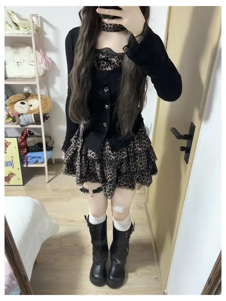 Pure Desire Sweet Spicy Girl Cake Skirt Set Women's Early Spring Break Two-Piece Lace Leopard Print Top Matching Skirt Set
