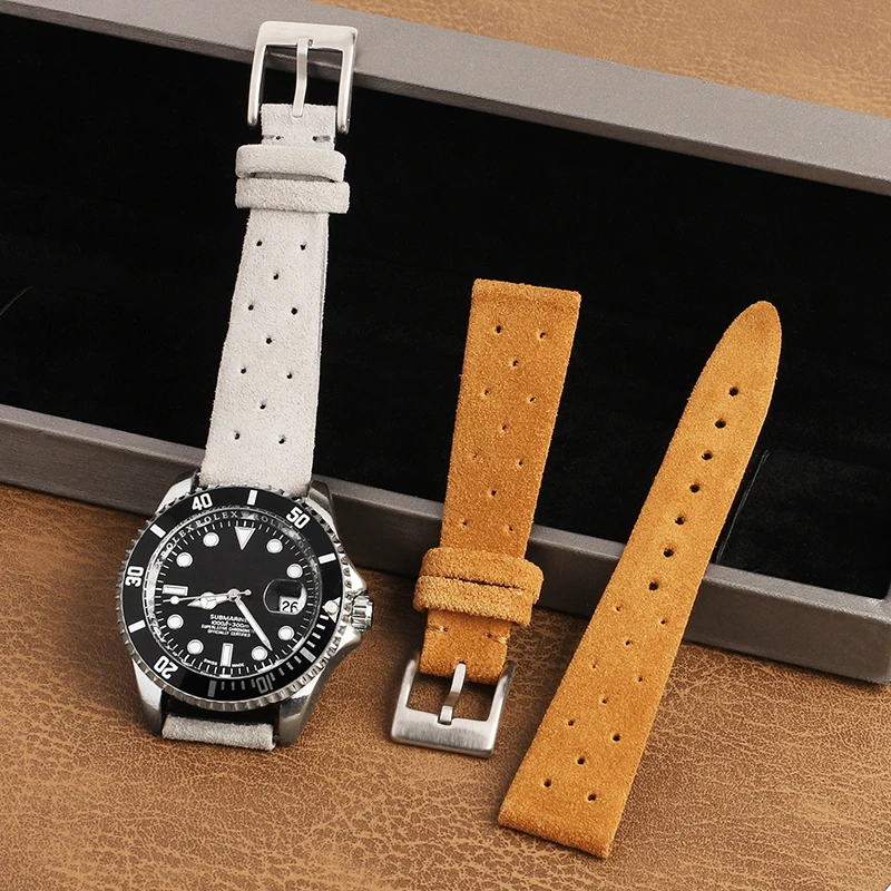 Soft Suede Leather Watch Strap 19mm Gray Brown Short Watchband Handmade Stitching Breathable Wristband Accessories for Men Women