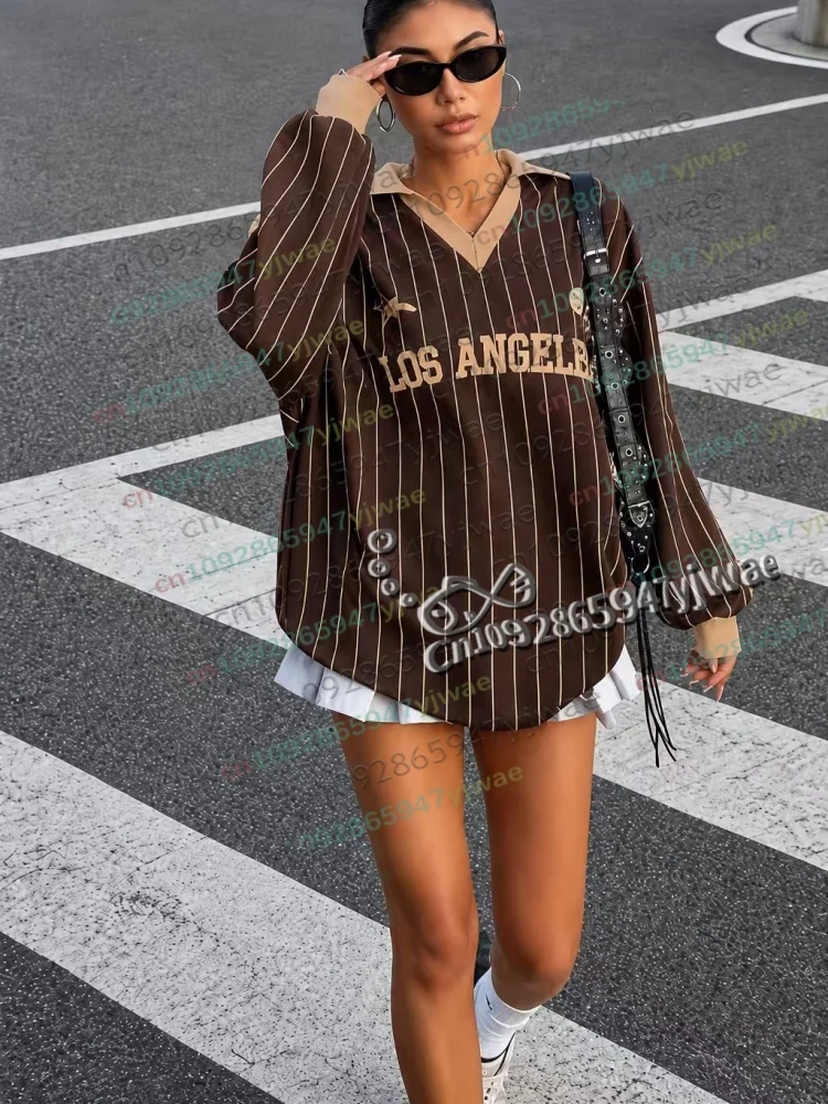Damen Casual Gestreiftes Los Angeles Sportliches Polokragen-Langarm-T-Shirt, Oversize Streetwear, Herbst Damenbekleidung – Detail 4