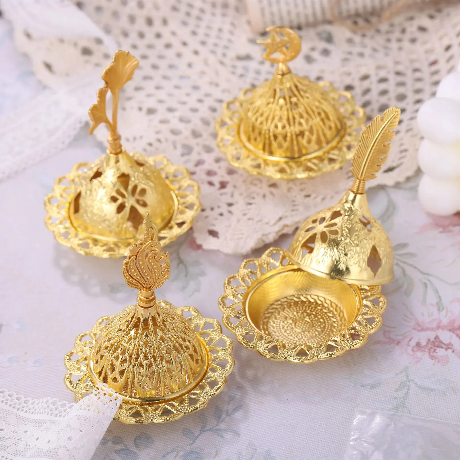 1pc Alloy Incense Burner Holder Golden Tower Oil Burner Arab Style Home Decoration Tearoom Yoga Room Study Bedroom Ornaments
