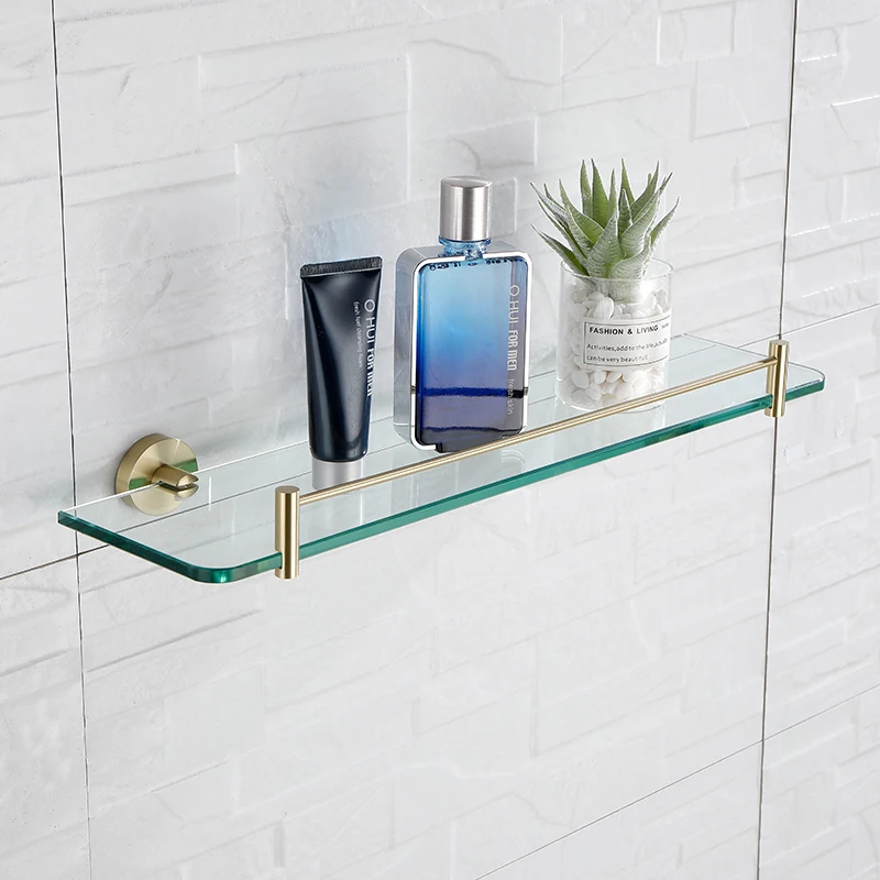 Stainless Steel 304 Bathroom Hardware Accessories Wall Mounted Brushed Gold Bathroom Glass Rack Shelf