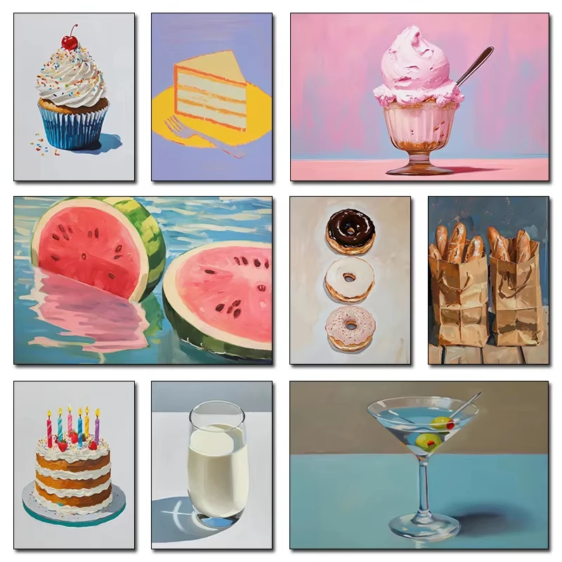Minimalist Colorful Food Posters Modern Kitchen Still Life Canvas Prints Ice Cream, Watermelon, Cake, Milk, Summer Home Decor