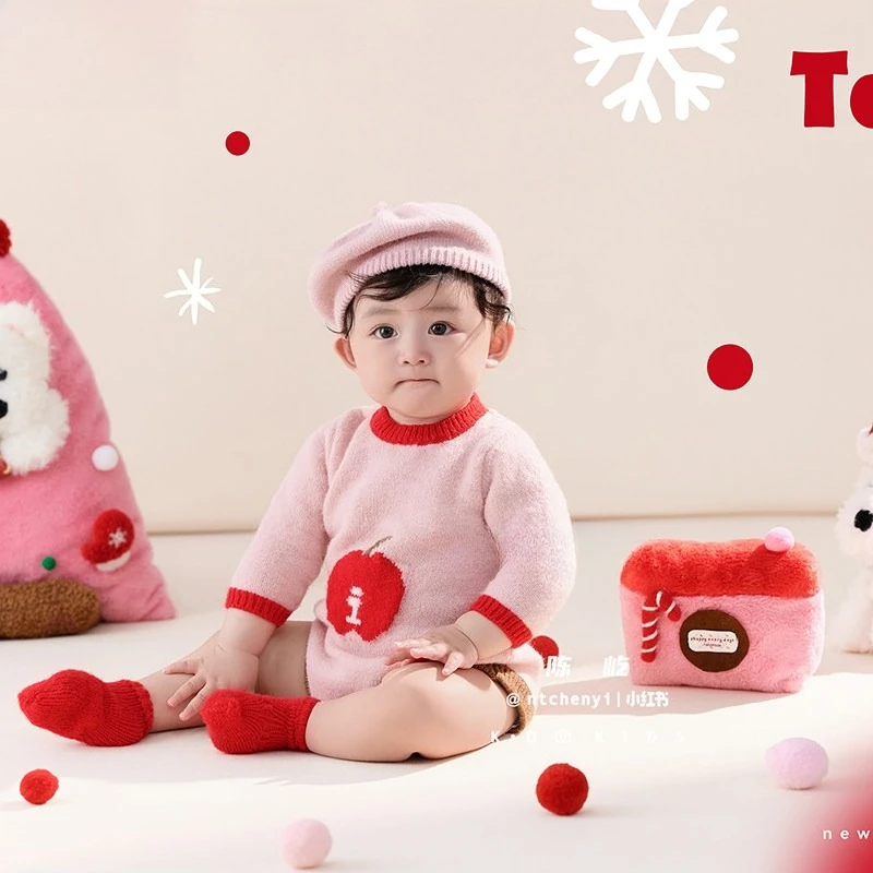 Baby Photography Props Cute Knitted Outfit with Hat 2-3M Christmas X'mas Decors for Infant Tollder Clothing Studio Photoshoot