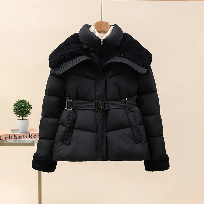 Black Cotton Jacket With Belt Women's Single Breasted Suede Collar Quilted Coat Winter Waist Cinching Thickened Cotton Clothes