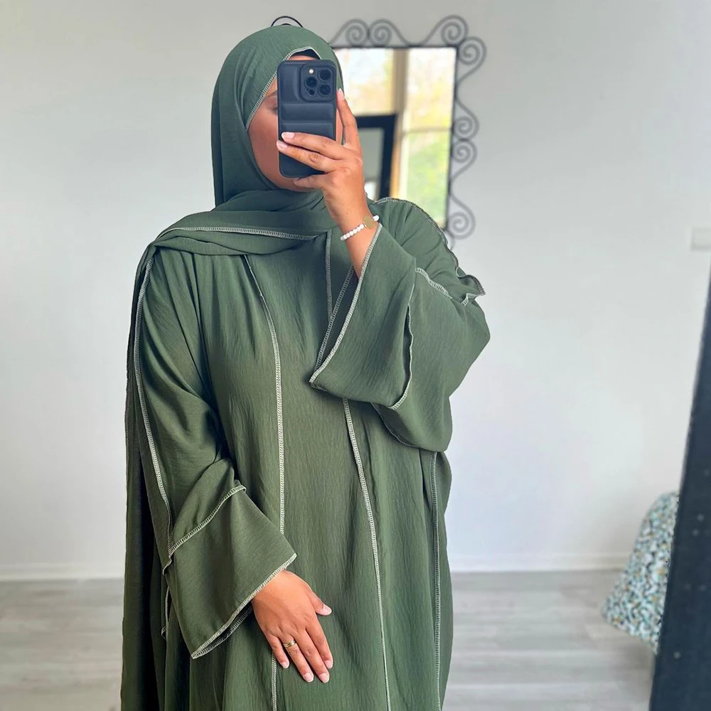 Three Piece Abaya Set With Hijab Free Belt Jazz Crepe Kimono Sleeveless Under Dress EID Ramadan Muslim Women Islamic Clothing