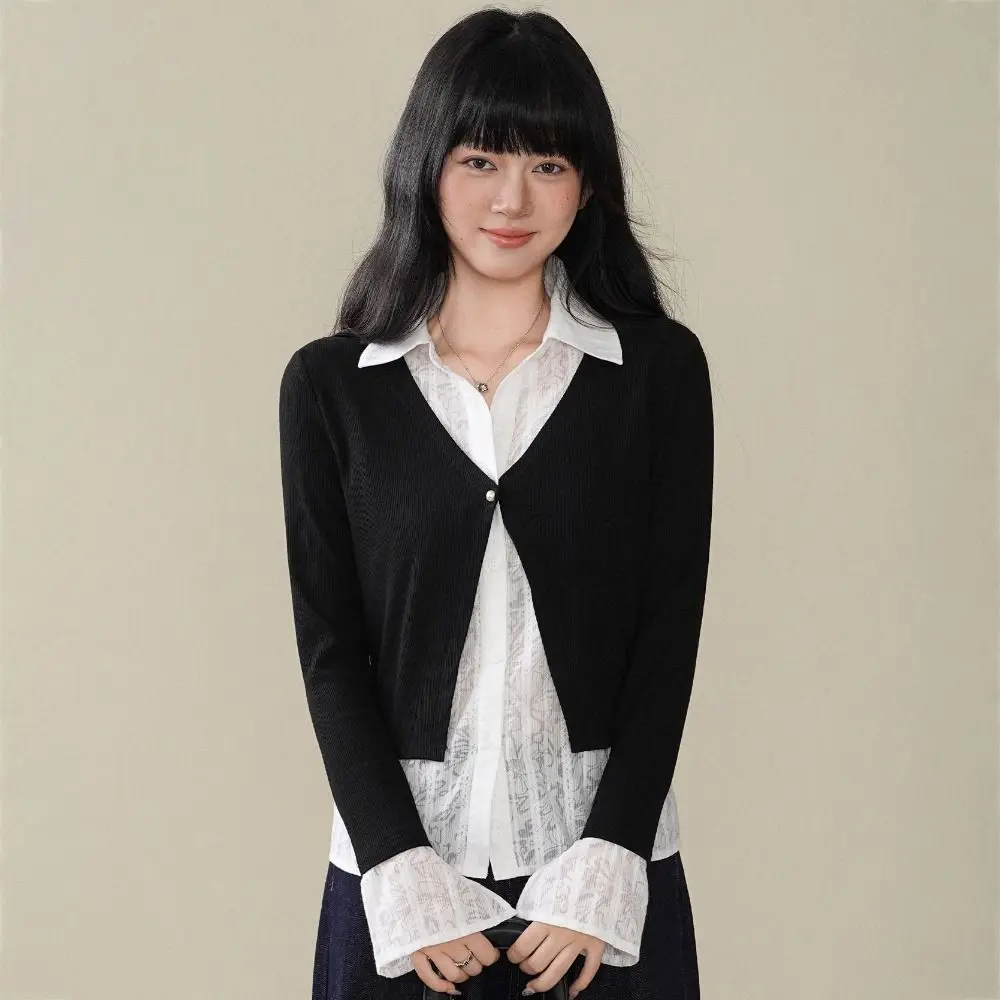 Slim Fit False Two-piece Top Korean Style Flip Collar Lace Shirts Knitwear Sweet Patchwork Knitted Top Women Spicy Girl Style