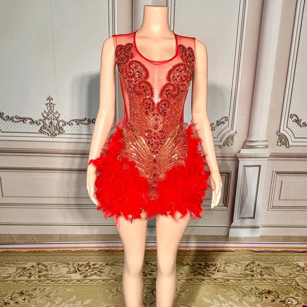 Diamond Sequins Mesh Feather Birthday Party Evening Stage Performance Dress Party High-End Performance Body Transparente Flecos
