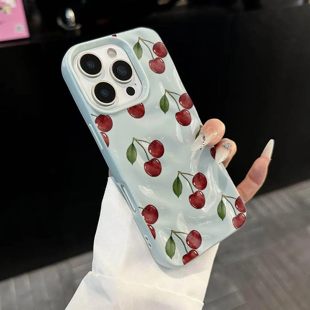 Koreanische Kirsch-Design Handyhülle aus Weichem Silikon für iPhone 17 16 15 14 13 12 11 Pro Max 14 Plus 17Air Falten-Wellen-Abdeckung – Detail 2