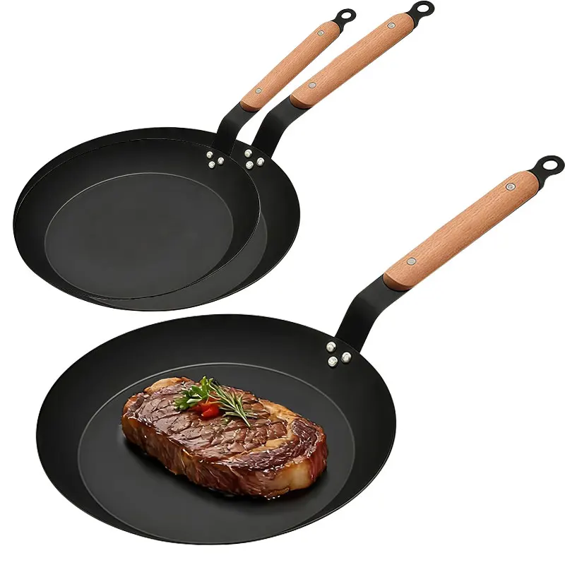 Carbon Steel Cooking Skillet Non Stick Frying Pans with Wooden Handle Hammered Physical Non-Coating Skillet with All Cooktops