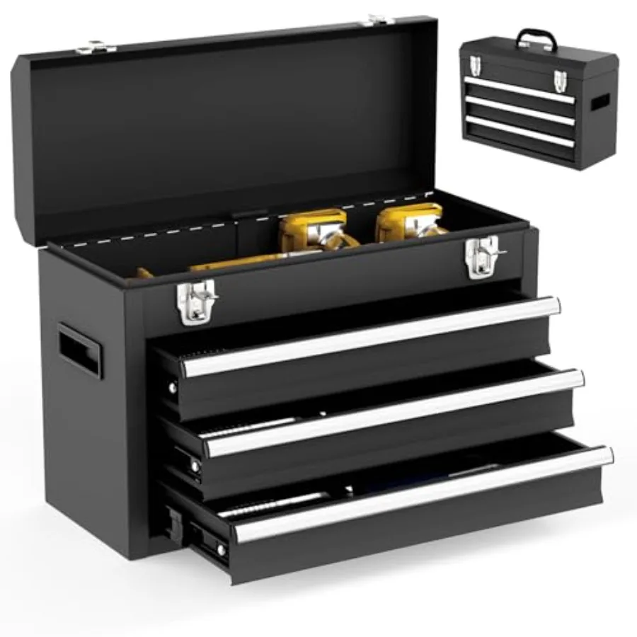 

3 Drawer Metal Tool Box Portable Metal Tool Box with EVC Liners and Latches Closure Heavy Duty Steel Tool Chest with Ball Beari