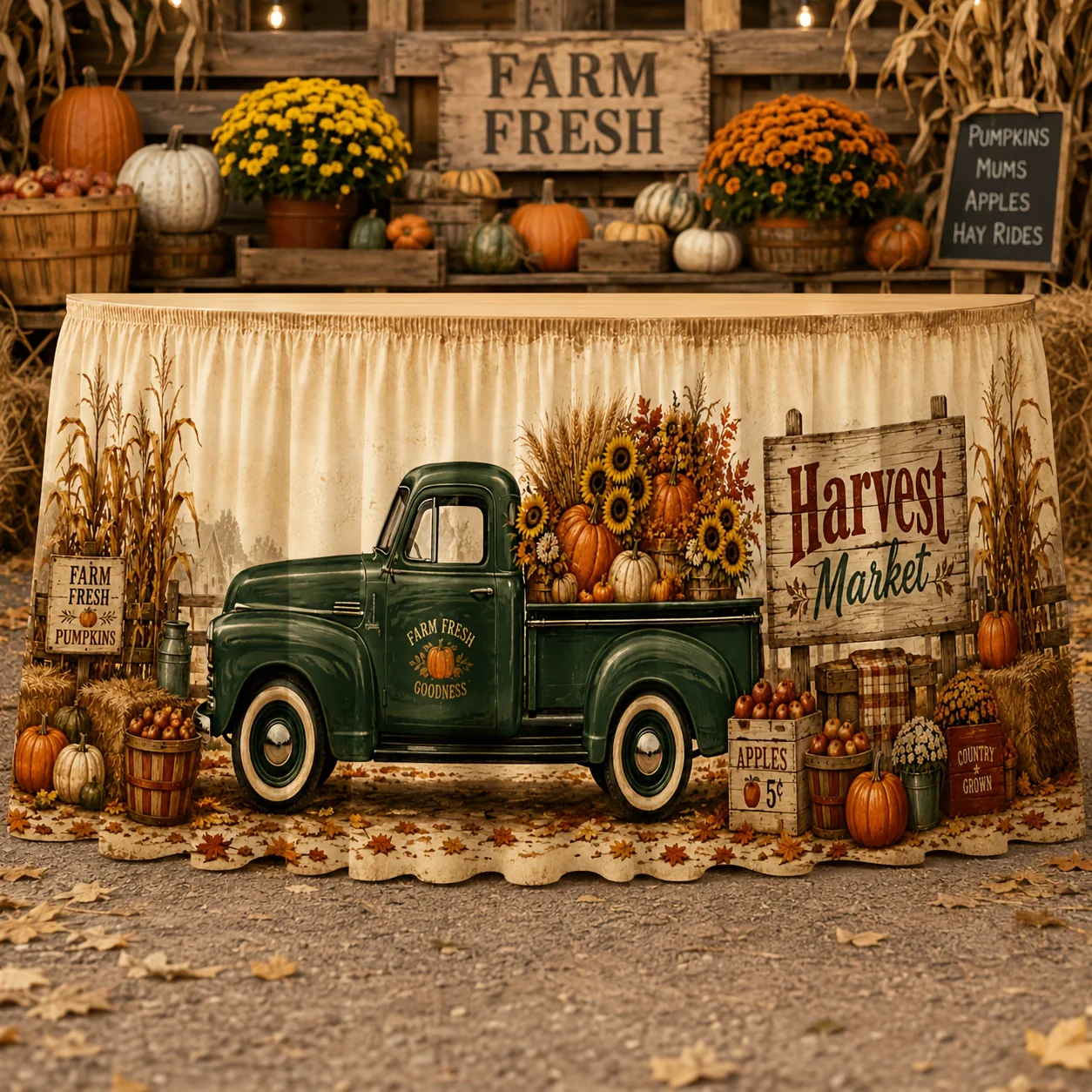1-Piece Table Cover Table Skirt, Harvest Market Vintage Green Truck Pumpkin Sunflower Maple Leaf Farm Fall