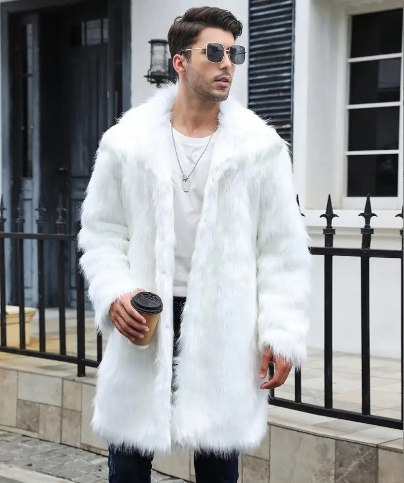 

Men Faux Fox Fur Jacket Coat Winter Thick Fluffy Long Sleeve Warm Shaggy Outerwear Luxury Fur Long Jacket Mens Trench Coats
