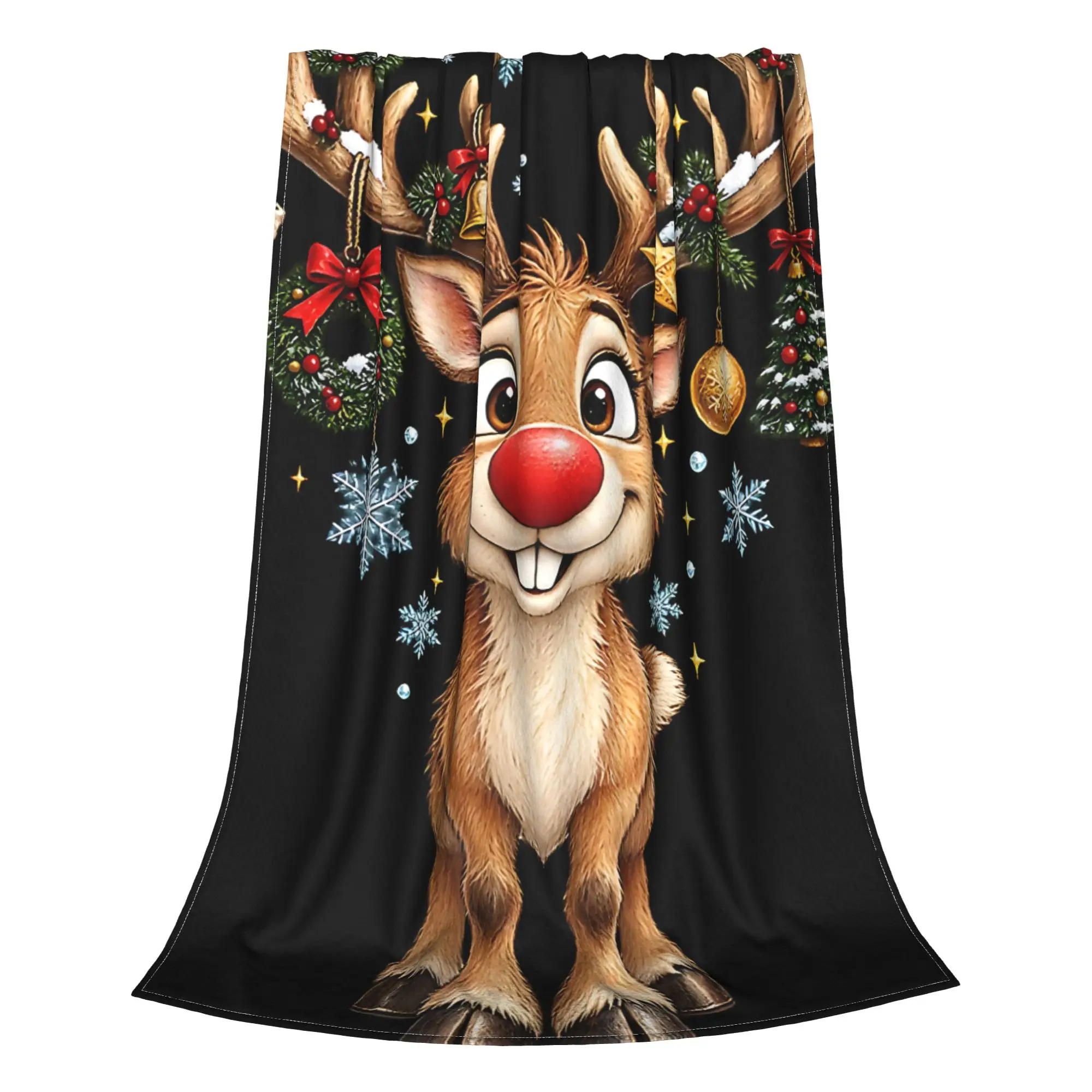 1PC Home Cutecore Room Decor Christmas Reindeer With Ornament Antlers Blanket Throw Blanket  Novelty Warm Blanket All Season
